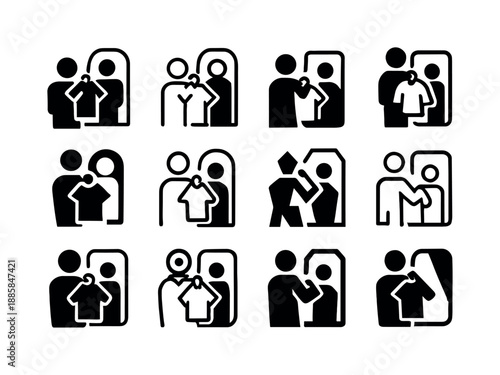 Stylized Clothes Icons. Trying on clothes. Icon set. Set Logo of Trying on clothes: person in mirror. harmonious logo variations of the same emblematic