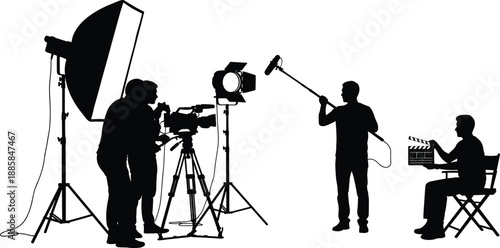 Film production crew silhouettes illustration, movie set camera lighting sound recording teamwork, professional filmmaking process black shadow isolated
