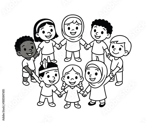 Diverse Kids Coloring Page. Cultural unity children?s coloring book illustration, outlined drawing, a circle of friendly cartoon kids from different