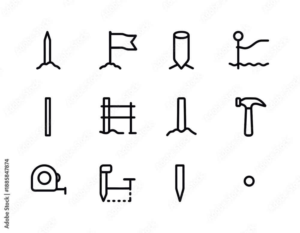 Fototapeta premium Land Stake Icons. Land stake. Line icon set of land stake: ground stake, survey flag, boundary marker, rope anchor, pole, fence stake, soil base, hammer,