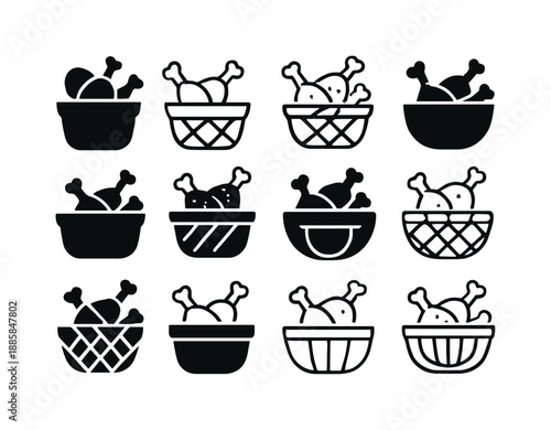 Crispy Chicken Logos. Crispy fried chicken. Icon set. Set Logo of Crispy fried chicken: basket of fried chicken pieces. harmonious logo variations of the same