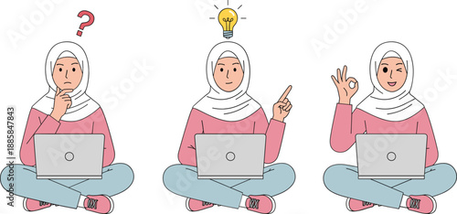 Muslim woman cartoon illustration showing problem solving idea and success stages while working on laptop