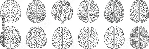 Set of Human Brain Line Art Icons Featuring Polygonal Circuit Board and Anatomical Designs Isolated on White Background for Medical Science and Creative Intelligence Concepts