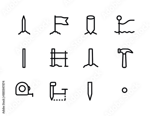 Land Stake Icons. Land stake. Line icon set of land stake: ground stake, survey flag, boundary marker, rope anchor, pole, fence stake, soil base, hammer,