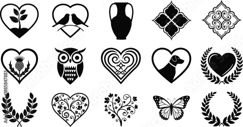Heart Icons Decorative Silhouette Love Floral Ornament Bird Owl Butterfly Dog Laurel Vintage Symbol Vector Design Black Graphic Collection