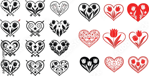 heart, hearts, floral, flower, flowers, tulip, tulips, love, romantic, romance, valentine, ornament, decorative, vintage, folk, boho, pattern, design, illustration, collection