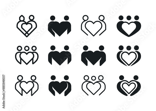 Group Therapy Icons. Group therapy. Icon set. Set Logo of group therapy: shared heart. harmonious logo variations of the same emblematic concept, each with