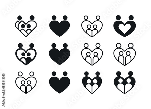 Group Therapy Icons. Group therapy. Icon set. Set Logo of group therapy: shared heart. harmonious logo variations of the same emblematic concept, each with