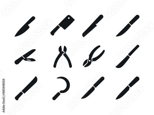 Cutting Tools Icons. Cutting instruments. Solid icon set of Cutting instruments: chef knife, cleaver, bread knife, carving knife, pocket knife, wire cutter,
