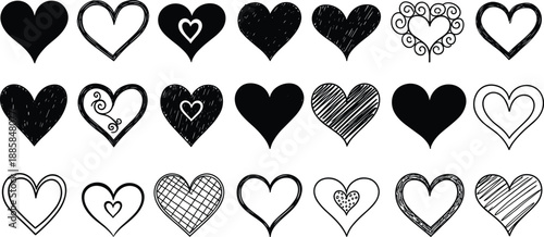 heart, hearts, love, romantic, romance, valentine, doodle, sketch, drawing, handdrawn, outline, symbol, icon, design, illustration, collection, set, decorative, cute, minimal