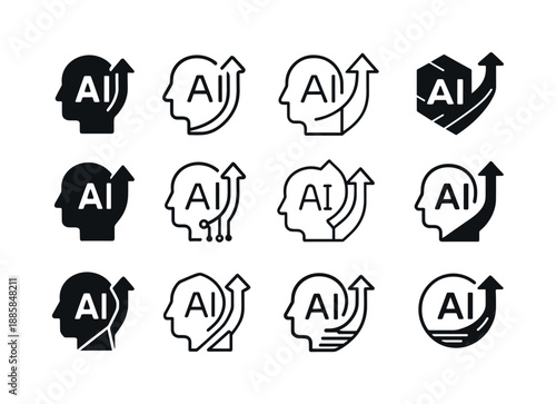 AI Business Icons. How AI transforms business. Icon set. Set Logo of how AI transforms business: AI-driven growth arrow. harmonious logo variations of the same