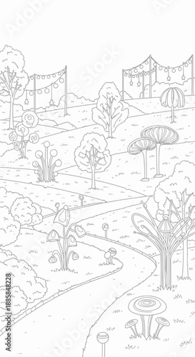 A serene black and white illustration of a park scene with trees and a winding path.
