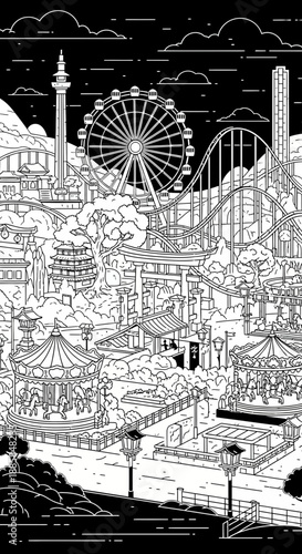 Amusement park scene with roller coaster and Ferris wheel illustration.