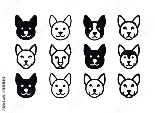 Dog Logo Variations. Dog. Icon set. Set Logo of Dog: dog's face with pointed ears and friendly expression. harmonious logo variations of the same emblematic
