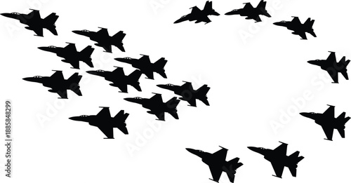 Military jet aircraft silhouettes formation flying, fighter planes aerial maneuver, air force aviation power concept, black shadow illustration isolated