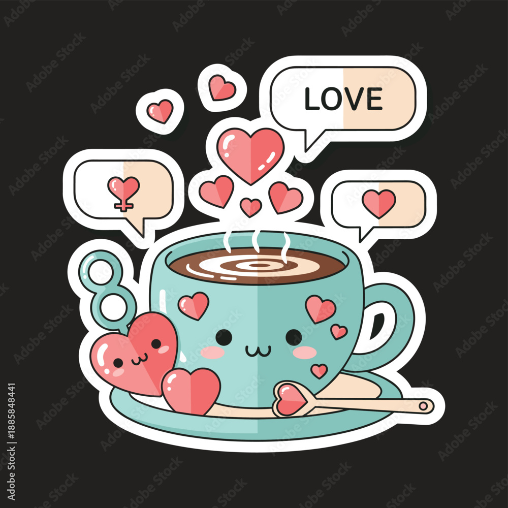 Ταπετσαρία Cute cartoon coffee cup with hearts and love speech bubbles on black background