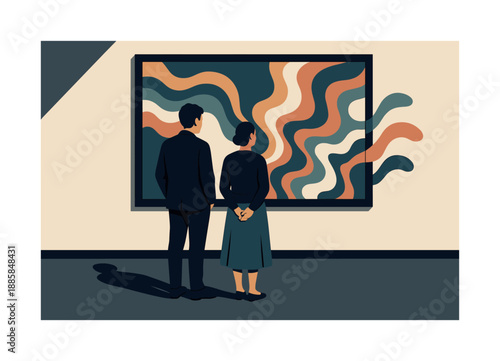 Silent Art Appreciation. Silent appreciation. Two visitors quietly admire a large surreal painting, colors swirling beyond the frame as their shadows stretch