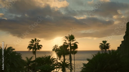 Golden sunset over a calm sea with silhouettes of palm trees and sunbeams, coastal promenade, and sparkling reflection. Tropical seascape.