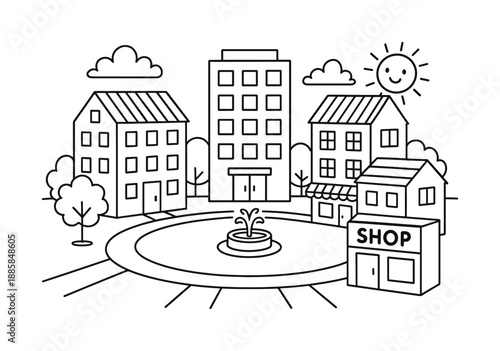 City Center Coloring. City district center children?s coloring book illustration, outlined drawing, a group of simple buildings gathered around a central