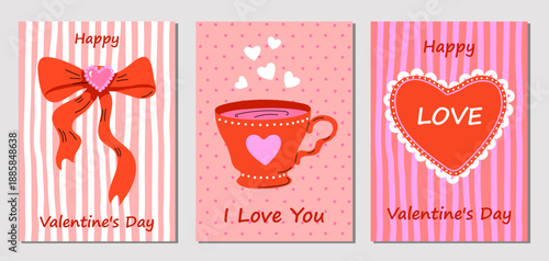 Set of playful Valentine’s Day cards with cute romantic illustrations, heart, bow, cup. Red and pink colors, striped background. Cheerful designs perfect for love greetings