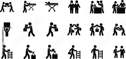 Pictogram Icons Workers Teamwork Collaboration Logistics Delivery Office Service Help Support Transport Handling Package Business Communication Human Vector Symbol
