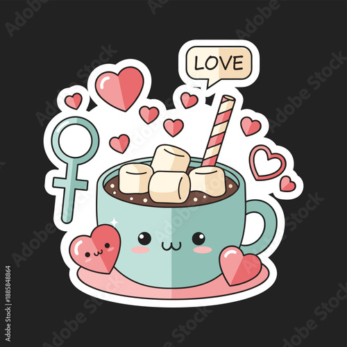 Cute cartoon mug with marshmallows and hearts symbolizing love and affection in a whimsical design