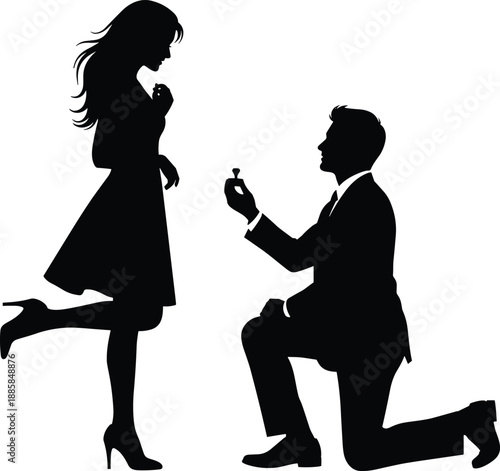 Proposal Engagement Couple Love Romance Valentine Ring Silhouette Romantic Man Woman Marriage Wedding Surprise Kneeling Promise Relationship Passion Forever Illustration Vector