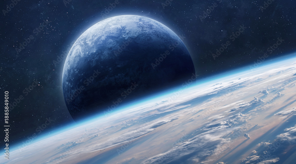 Fototapeta premium Earth and planet in deep space with stars and starry landsacpe background. Sci-fi wallpaper. Blue planet. Exploration of the space. Elements of this image furnished by NASA. Not AI. Photo collage