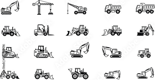 Construction equipment icon set featuring excavators cranes loaders forklifts dump trucks and bulldozers isolated for industrial engineering design projects