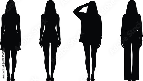 Women standing silhouettes set, female body shapes and poses collection, casual fashion figures, black shadow people isolated on white