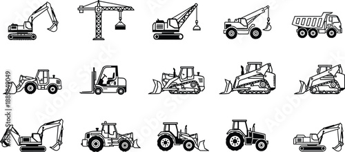 Construction equipment outline icon set with excavators cranes loaders forklifts dump trucks and tractors isolated for industrial engineering design