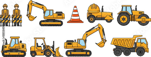 Construction equipment vector set with excavators bulldozers dump truck forklift tractor workers and traffic cone isolated icons for industrial projects