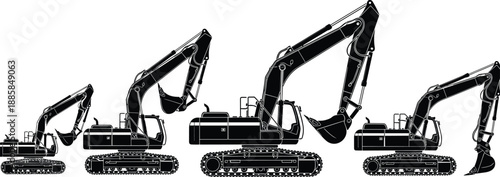 Crawler excavator silhouette lineup showing hydraulic construction machinery in multiple sizes and digging arm positions isolated for industrial engineering use
