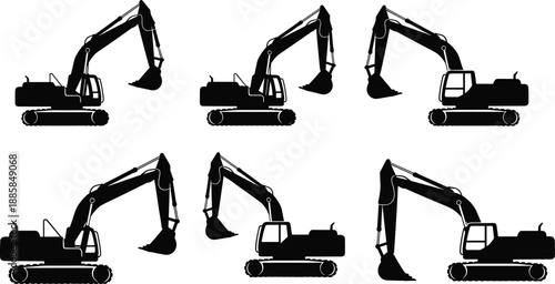 Crawler excavator silhouette set showing hydraulic construction machinery in multiple digging arm positions isolated for industrial engineering design use