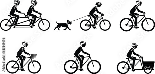 Cyclist silhouette icon set showing various bicycle riding activities including tandem cycling dog walking and cargo transport isolated for urban mobility design