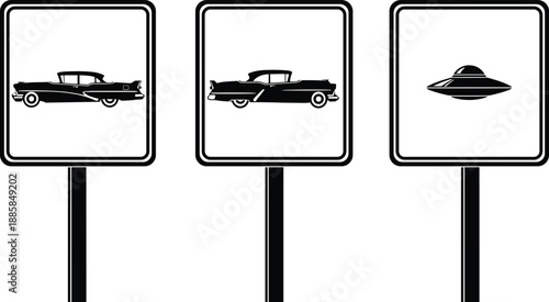 Retro car and UFO road sign silhouette set illustrating classic automobile symbols and extraterrestrial warning icons isolated for graphic design use