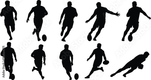 Rugby player silhouette action set showing running passing kicking and tackling poses isolated for sports training athletic graphic design use