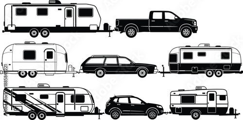 RV caravan and travel trailer silhouette set with pickup cars and SUVs illustrating camping towing and road trip transportation