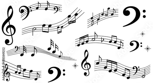 A collection of black musical notes, staves, treble clefs, and bass clefs on a white background, illustrating various music notation elements.