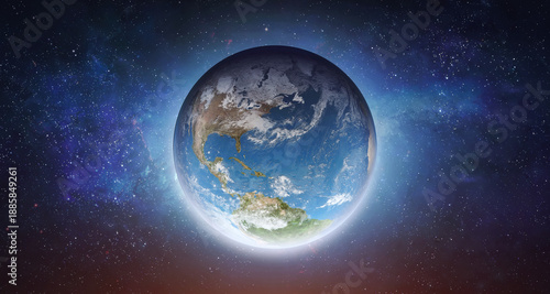 Planet Earth globe in outer space with bright stars. Sunlight at the dawn of day. Earth hour. Landscape with planet and starry sky. Elements of this image furnished by NASA. Not AI. Photo collage