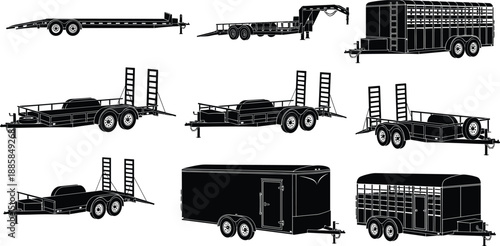 Utility trailer silhouette collection showing flatbed equipment cargo and livestock transport trailers isolated on white background for logistics and transportation design
