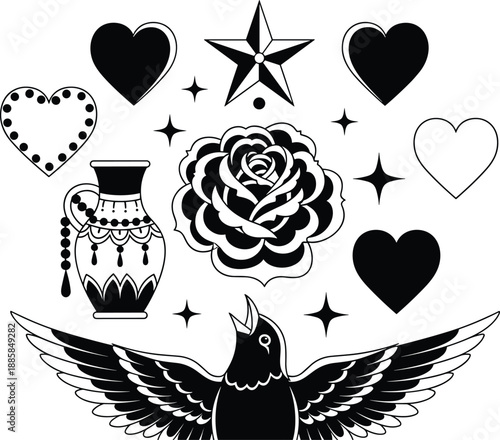 tattoo, love, heart, rose, bird, raven, crow, star, magic, symbol, vintage, gothic, boho, mystic, floral, ornament, emblem, romance, art, design