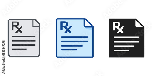 Prescription document icon set featuring Rx symbols in various styles for medical applications