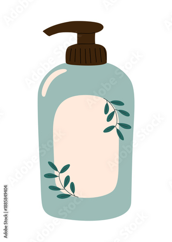 Clean, minimalist illustration of a light blue glass soap dispenser with brown pump and cream label decorated with dark teal leaves on transparent background.