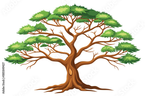 Big cartoon tree showcasing green leaves, woody branches, and detailed roots below the soil