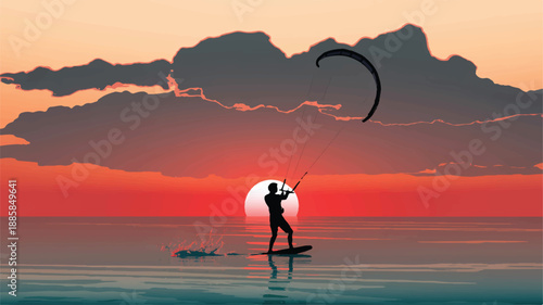 A stylized vector illustration of a kite surfer at sunset (4)_traced