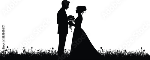Wedding Silhouette Bride Groom Couple Love Romance Romantic Marriage Ceremony Bouquet Dress Veil Elegant Black White Vector Illustration Design Scene