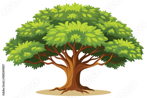 Cartoon tree reveals brown branches amidst dense green foliage on a light background