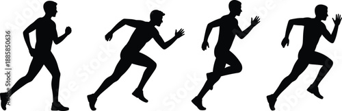 Male runner silhouette sequence, sprinting man poses, fitness motion stages, athletic running action, black sport vector illustration