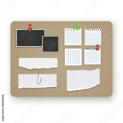 Cork board mockup with various paper notes and photo frames pinned with colorful pushpins. The set includes a torn piece of notebook paper, blank photo placeholders, perfect for vision boards